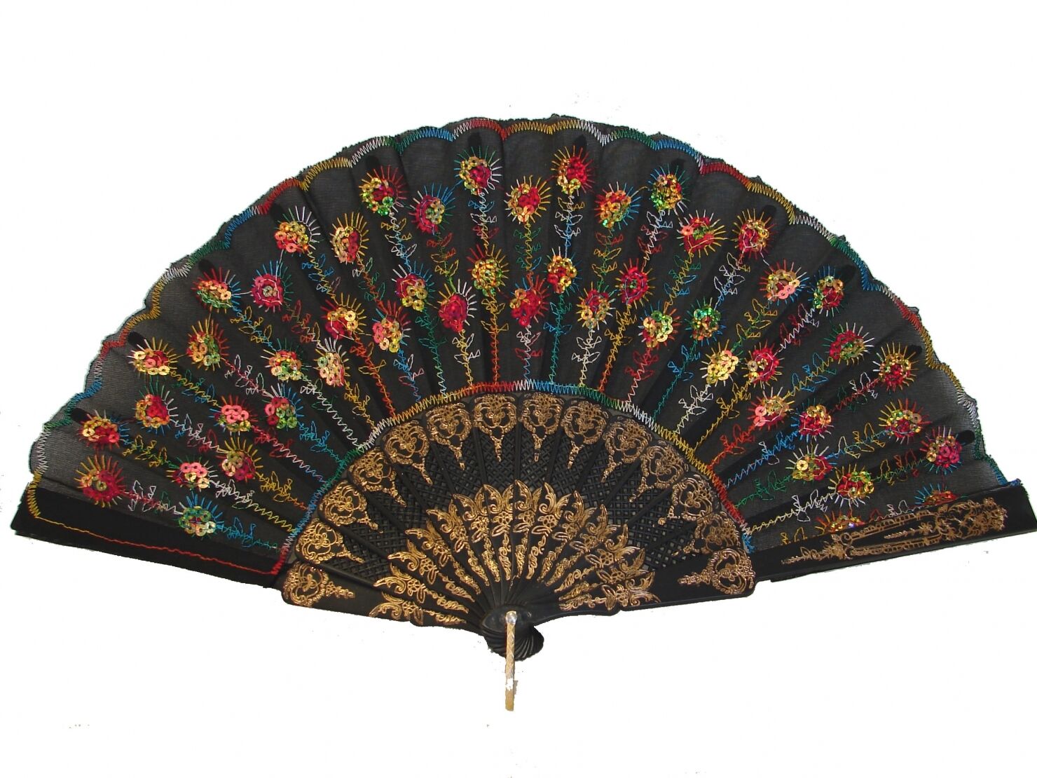 Black Slab Fabric Hand Fan With Peacock Pattern Sequin Style
