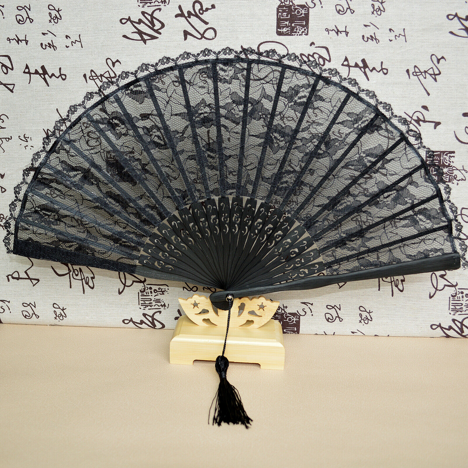 Lady Ladies Vintage Hand-held Black Bamboo Lace Decorative Folding Fan Kimono