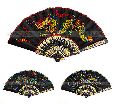 Asian Dragon Phenix Peacock Embroidery Cloth Fabric Plastic Folding Hand Fan